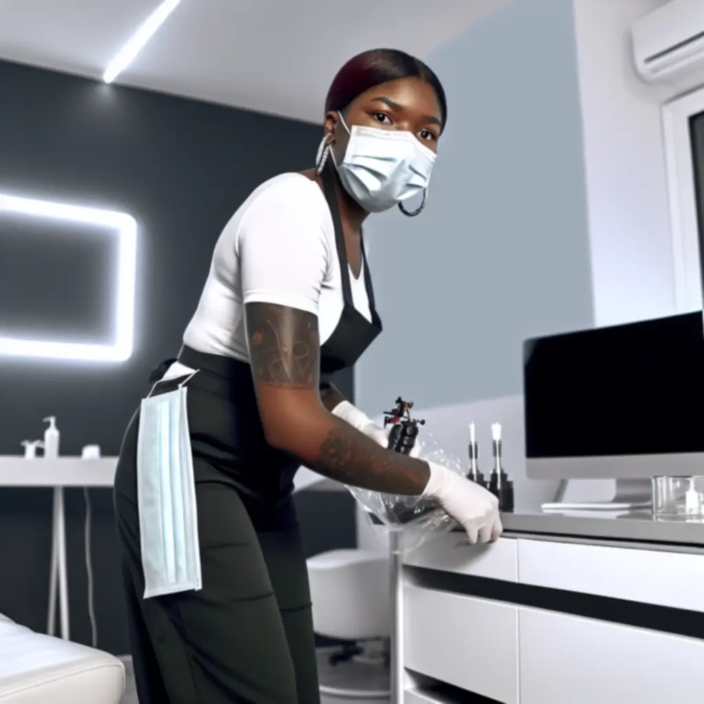 Tetoválóművész steril kesztyűben és maszkban dolgozik