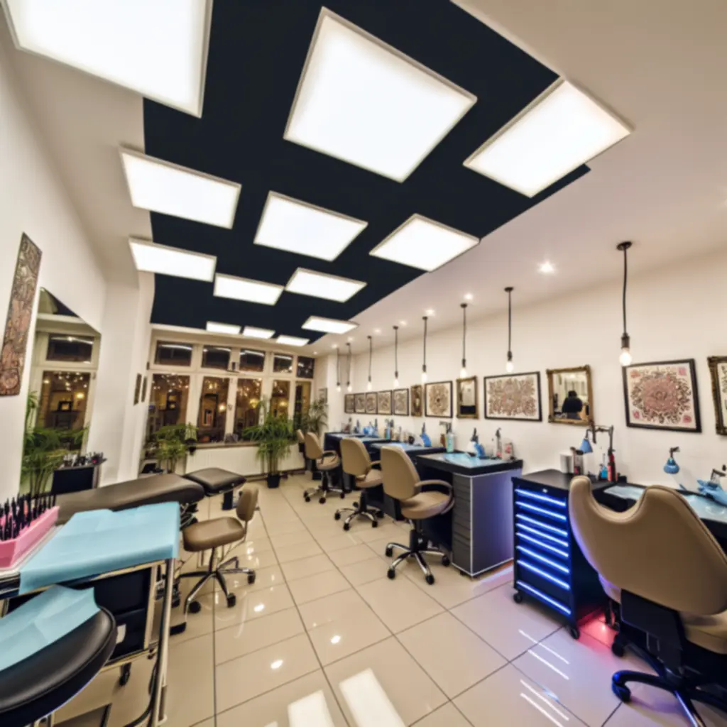 Modern, letisztult tetoválószalon belső tere professzionális munkaállomásokkal