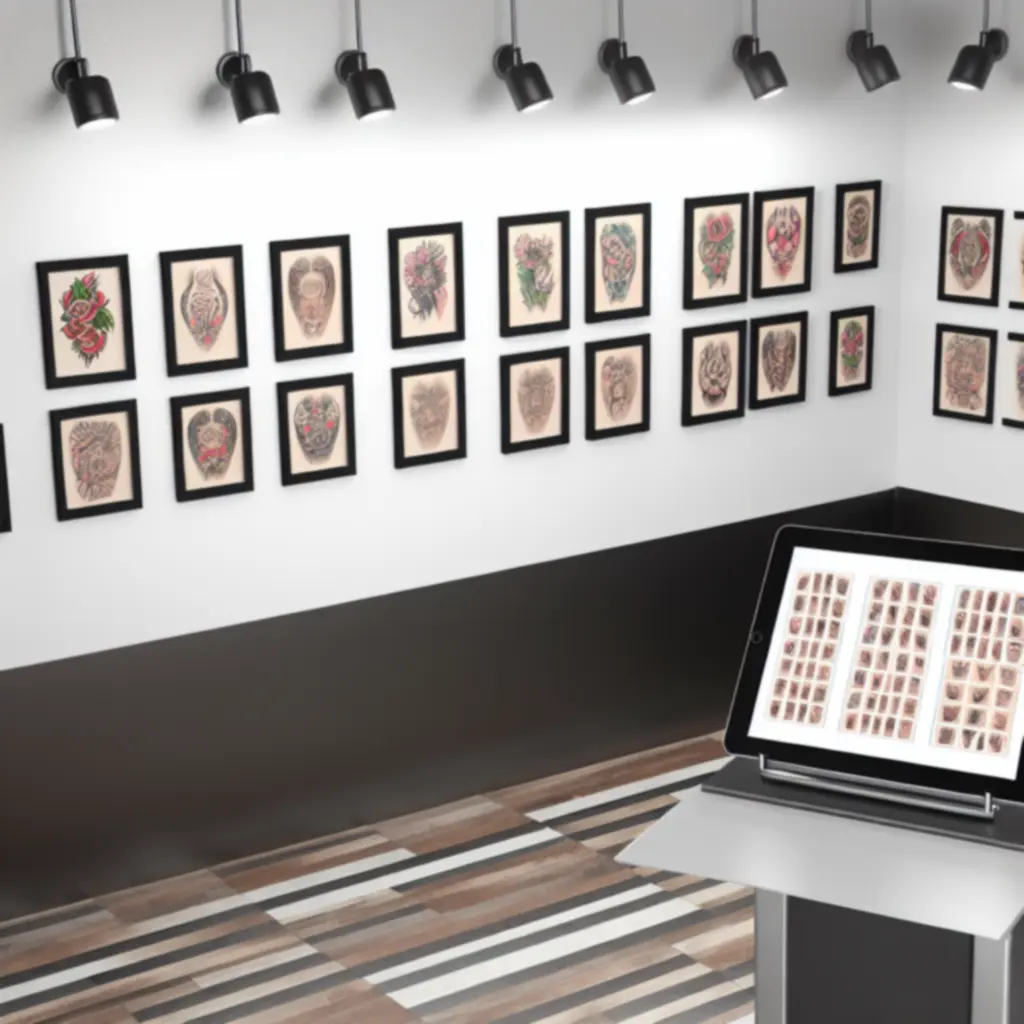 Tetoválás-portfólió falon és digitális kijelzőn