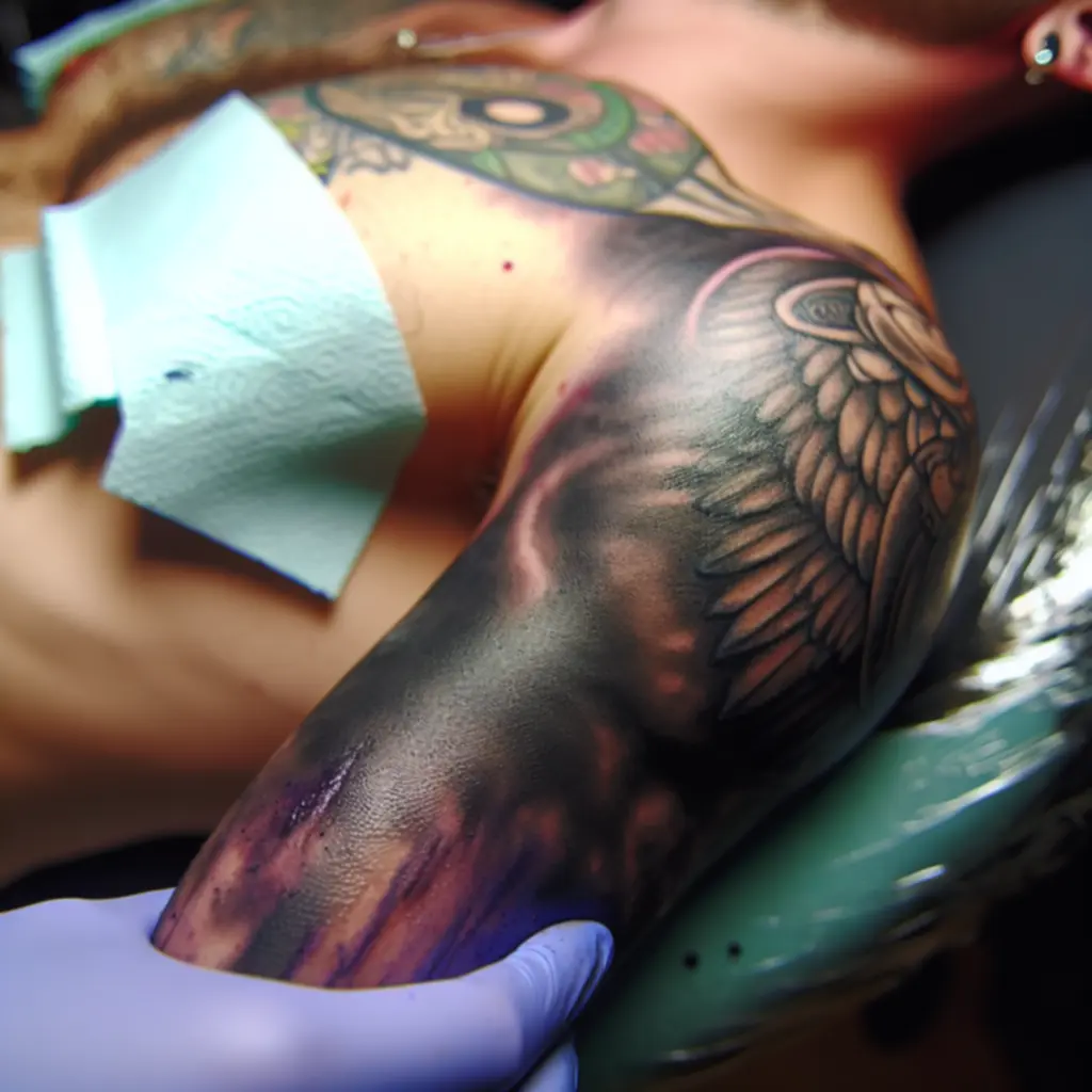 Közelkép egy részletgazdag, professzionálisan elkészített tetoválásról