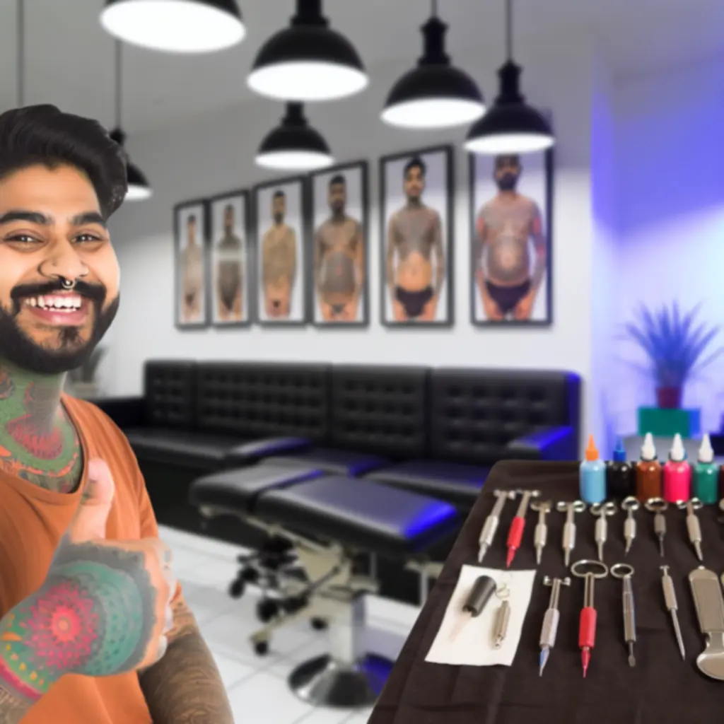Vendég mosolyog új tetoválásával a Tattoohousepro szalonban