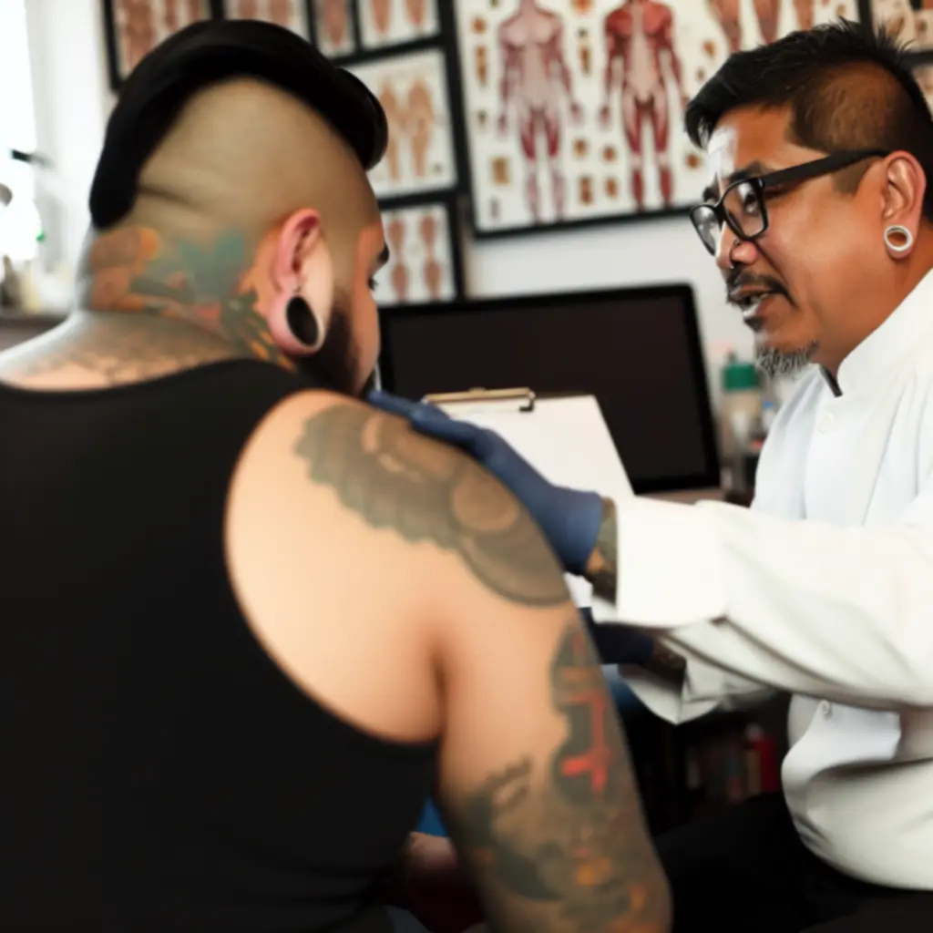 Tetoválóművész egyeztet a vendéggel a minta részleteiről