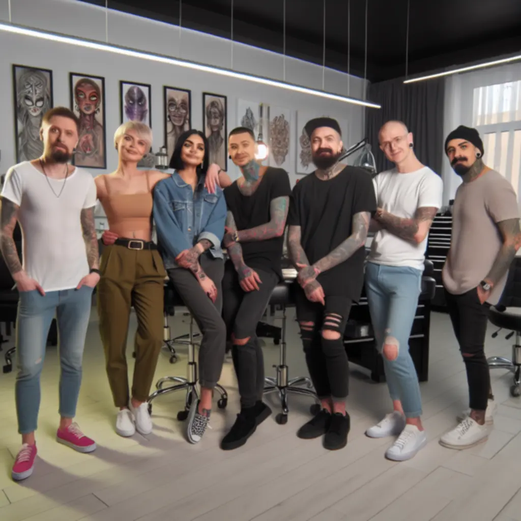 A Tattoohousepro tetováló művészeinek csoportképe a stúdióban