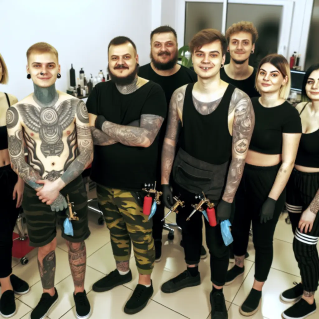 Tattoohousepro tetoválóművészek csapata a szalonban